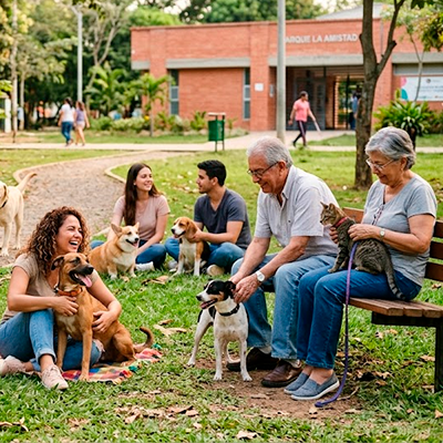 Familias con sus mascotas compartiendo una tarde en el parque