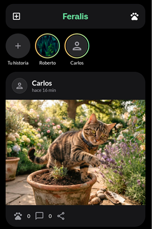 Captura de la pantalla principal de Feralis, mostrando historias y una publicación de una mascota
